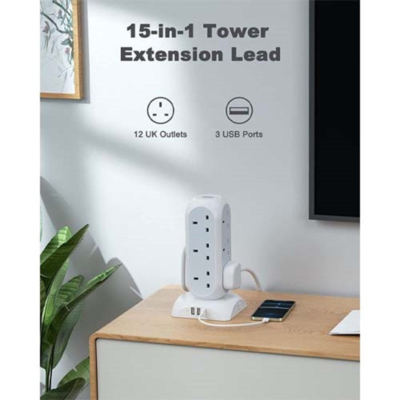 Tessan Extension Lead, 12 Way Multi Plug Extension Tower With 3 Usb Ports, Surge Protection Extension Cord With Switch, Plug Socket Tower Power Strip With 2M Cable For Home, Office, Kitchen Tessan Extension Lead, 12 Way Multi Plug Extension Tower With 3 Usb Ports, Surge Protection Extension Cord With Switch, Plug Socket Tower Power Strip With 2M Cable For Home, Office, Kitchen